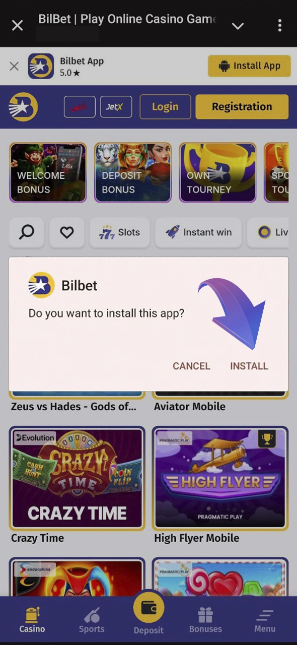 Сlick on the downloaded Bilbet APK file to start installing the app.