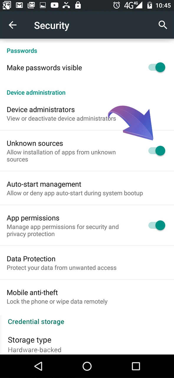 Open the Security section and allow the Bilbet app installation.