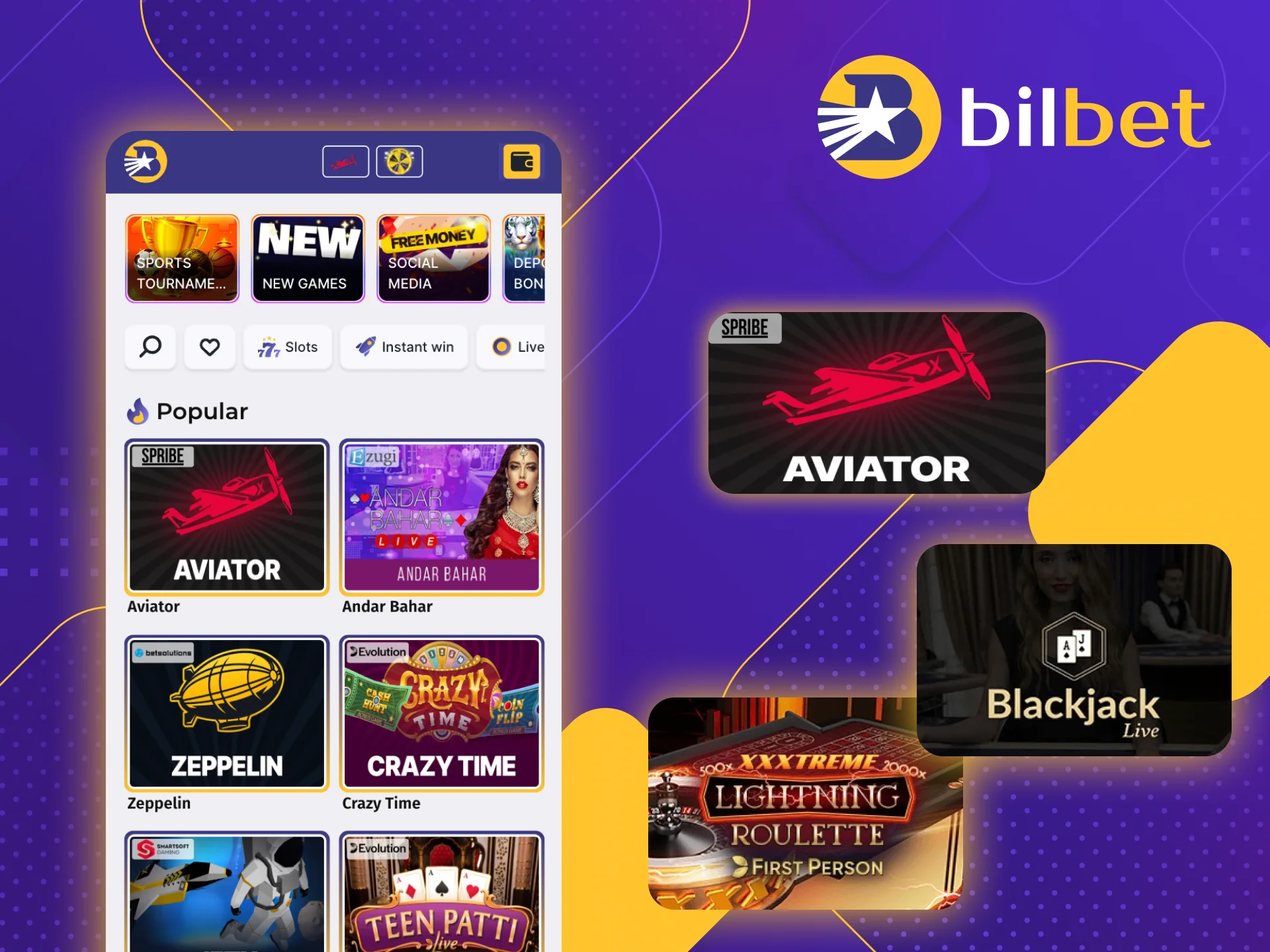 Play the most popular games at Bilbet online casino on your phone.