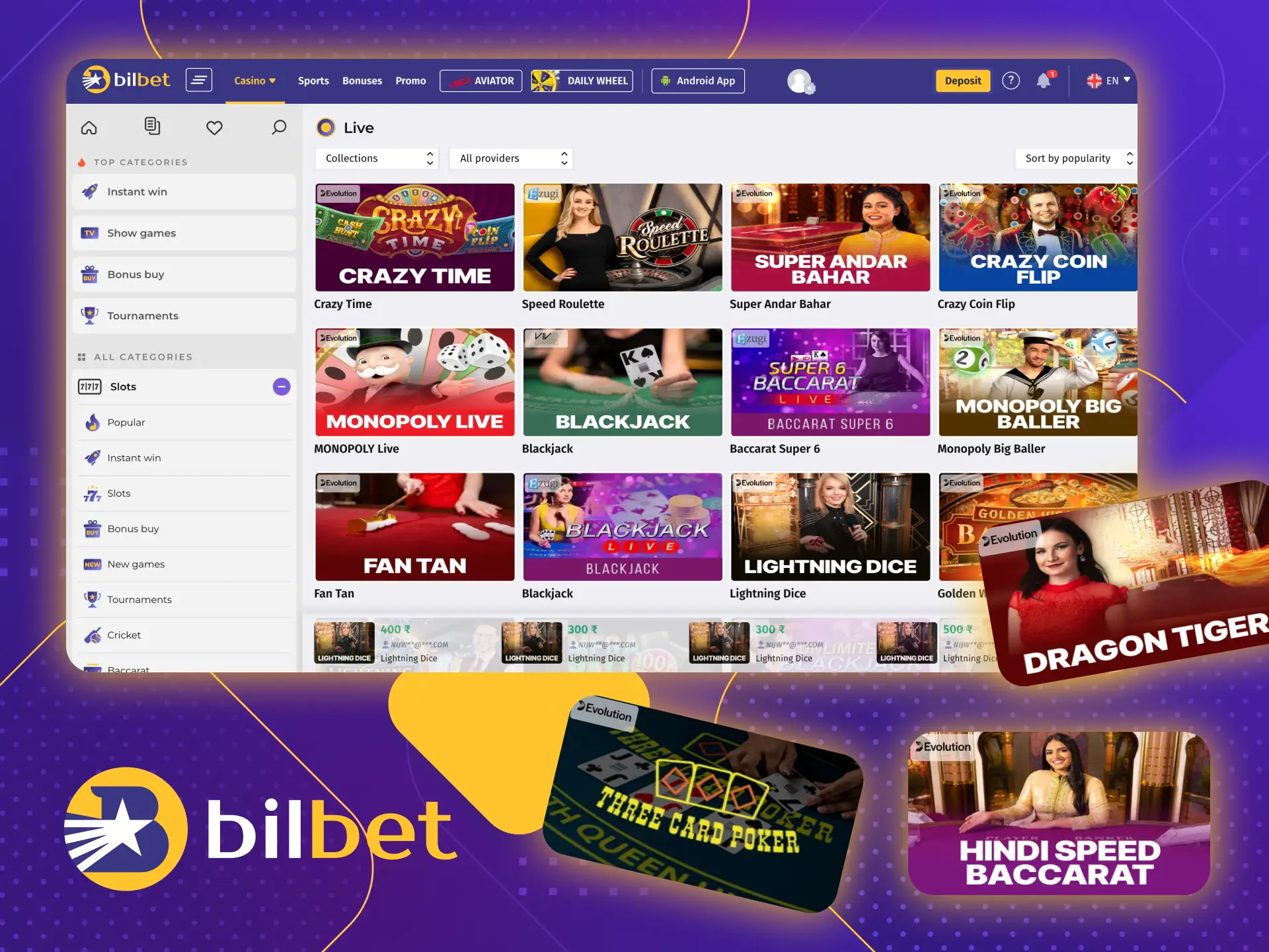 A section with Live Casino games is available for players at the Bilbet online casino, play and win.