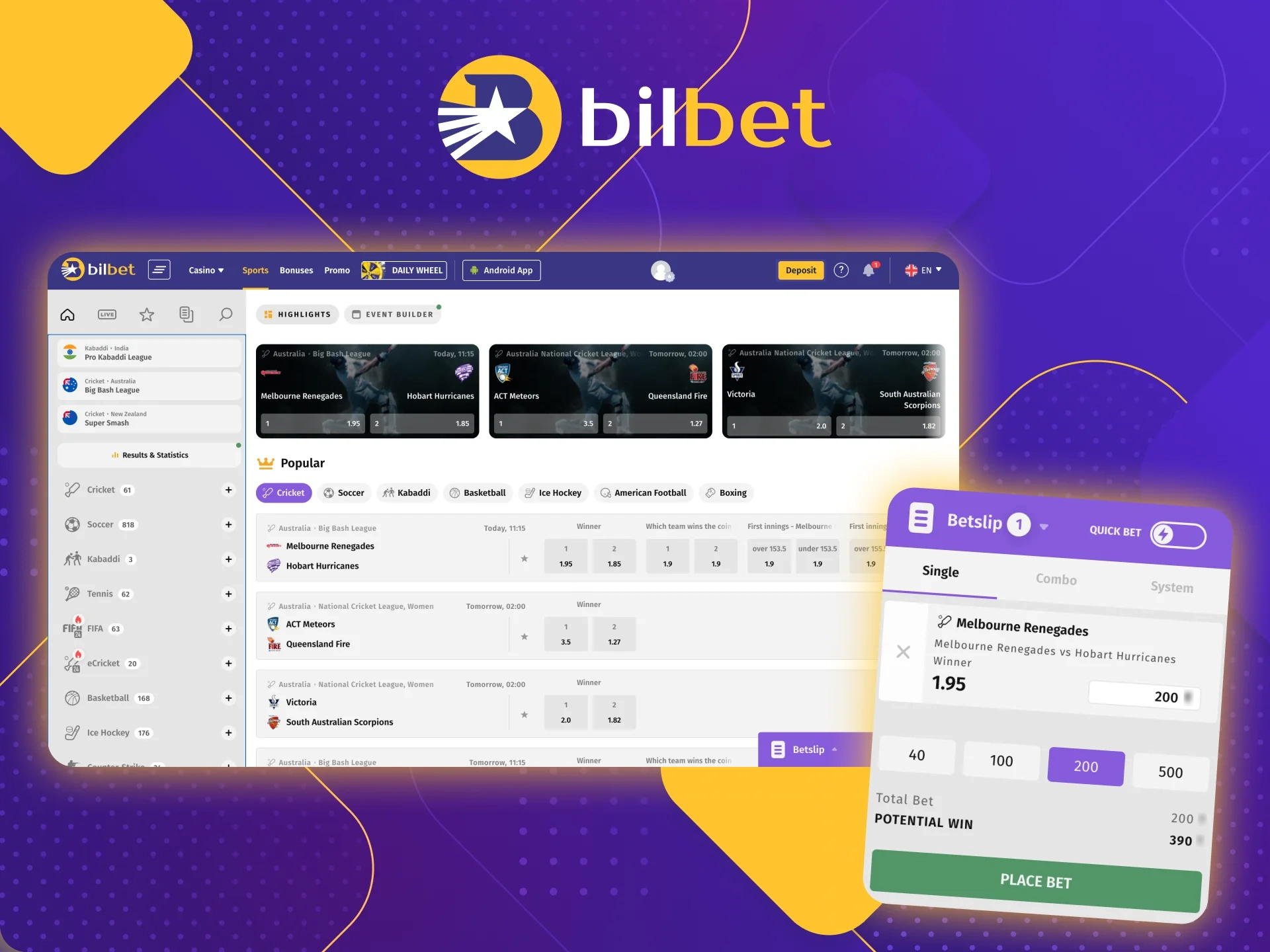 Place your bets before the matches start on your favorite sports at the Bilbet online casino.